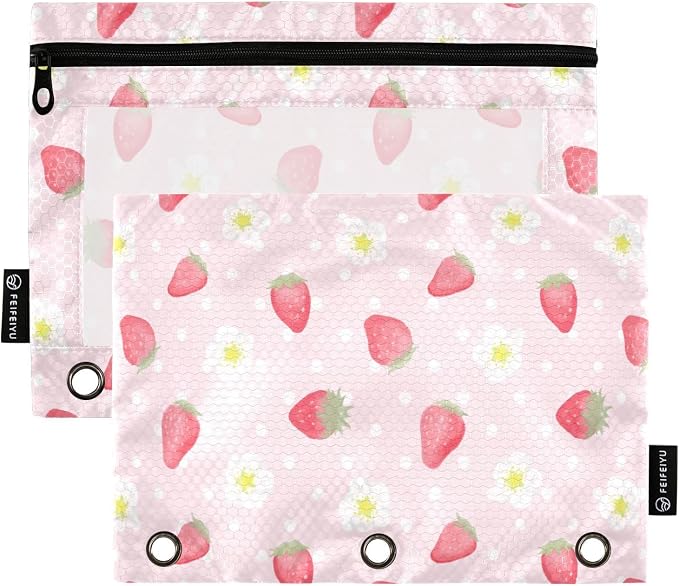 Strawberry Pink Floral Pencil Pouch Fits standard 3-ring binders, Zipper Binder Pencil Bag with Clear Window for Office 2 Pack