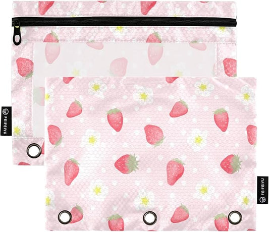 Strawberry Pink Floral Pencil Pouch Fits standard 3-ring binders, Zipper Binder Pencil Bag with Clear Window for Office 2 Pack
