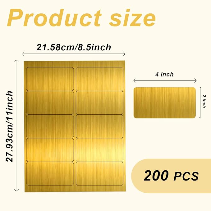 2" x 4" Colored Address Labels, 200 Bright Laser Gold Label Stickers- Laser/Ink Jet Printer Mailing Labels, 8.5"x11" 20 per Sheet