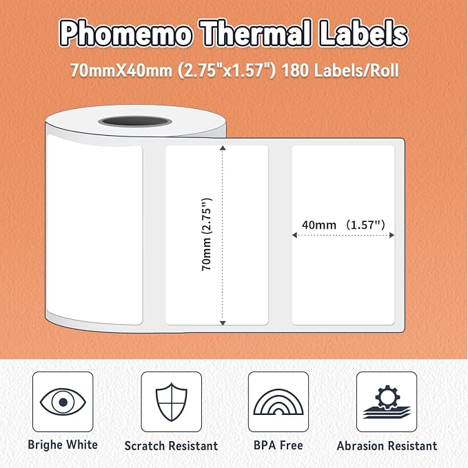 Phomemo Thermal Labels, Address Barcode Thermal Stickers for M220/M221/M200/M250 Label Printer Machine, 2.75"x1.57"(70x40mm),100 Labels/Roll, for Barcode/Address/Mailing/Logo,Black on White