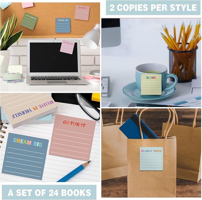 Yinder 24 Pcs Inspirational Sticky Notes, Back to School Supplies, Cute Motivational Sticky Notes Pad Employee Appreciation Gifts Bulk for Teacher Coworker Office 3 x 3'' (Motivational,Morandi)