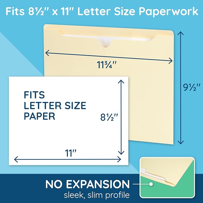 Blue Summit Supplies 100 File Jackets, Letter Size, Manila | Reinforced straight cut tab, 11pt, flat no expansion, for documents, mailing, and hanging file storage