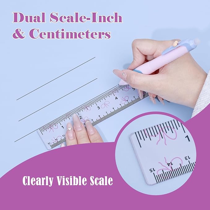 BAYTORY 4Pcs Transparent Acrylic Small Ruler 6 Inch, Straight Mini Rulers | Shatterproof Student Stationery Centimeters with Inches, for Classroom Essentials School Supplies (Bowknot 6 Inch)