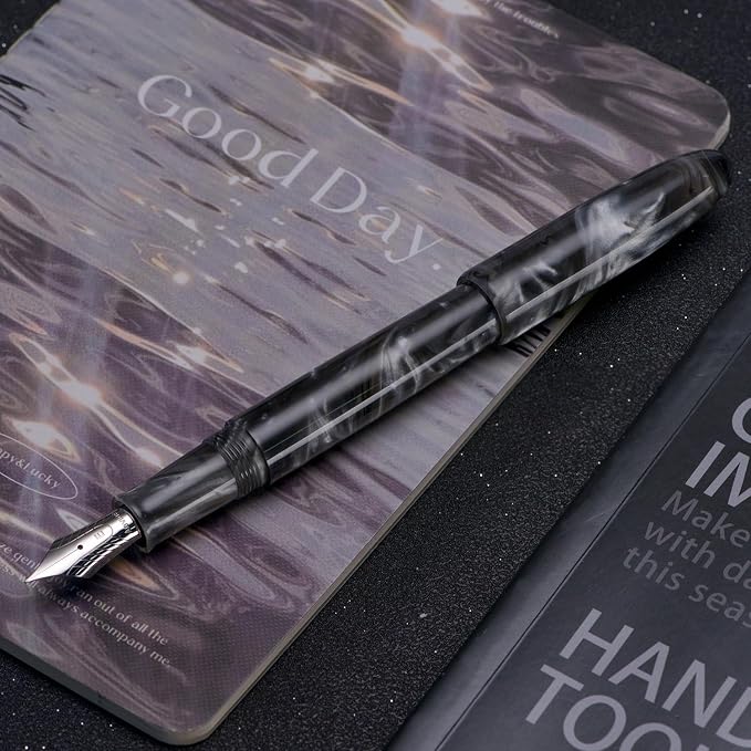 Asvine C80 Fountain Pen #8 Stub 1.1mm Nib Large Handcraft Calligraphy Art Drawing Pen with Converter Pen Case Collection Set (Gray Ripple)