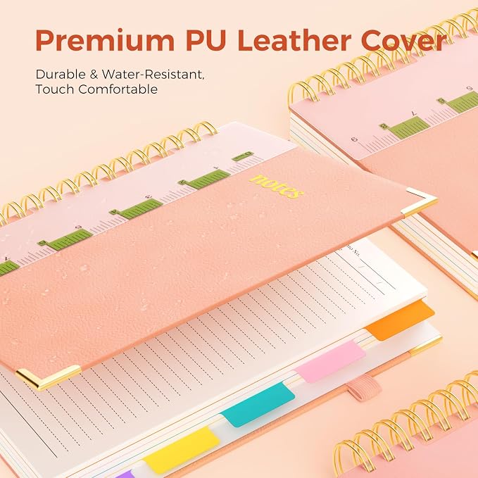 XYark B5 Hardcover Spiral Notebook, 5 Subject Notebook 300 Pages, 8"x10" College Ruled Notebooks with Removable Dividers Tabs & Ruler & Card, Lined Journal for Women Men School Work Office, Light Pink