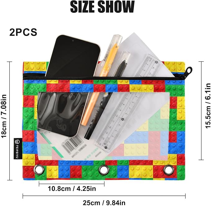 Gredecor Binder Pencil Pouch 3 Ring Plastic Building Blocks Zipper Pencil Pouches Case 2 Pack Clear Binder Organizer for School Office