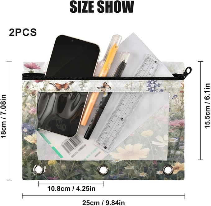 Butterfly Wildflower Pencil Pouch Fits standard 3-ring binders, Zipper Binder Pencil Bag with Clear Window for Office 2 Pack