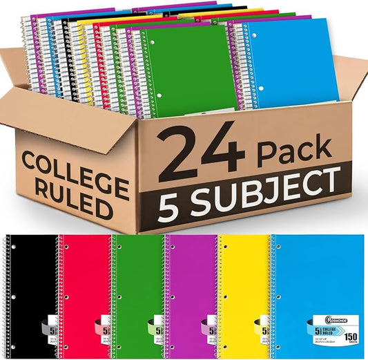 Rosmonde Bulk Spiral Notebook 24 Pack, 5 Subject, 300 Pages/Book (150 Sheets), College Ruled, 8 x 10-1/2, School & Office Spiral Notebooks, Back to School Notebook Journal, Soft Cover, Assorted Colors
