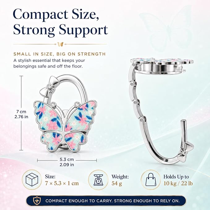 Purse Hook for Table, Foldable Handbag Hanger for Women, Portable Bag Holder with Non-Slip Base, Cute Flower Blue Glitter Butterfly Purse Table Hook for Restaurant Office Travel Gift