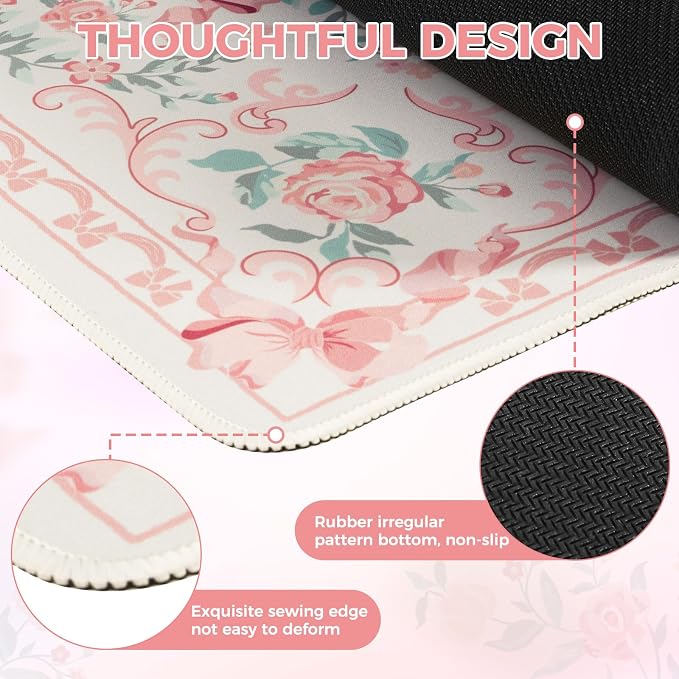 iCasso Pink Desk Mat for Desktop,Cute Desk Pad for Women,Girly Bow Mouse Pad with Stitched Edges,Non-Slip Large Computer Mat for Home Office Study Gaming