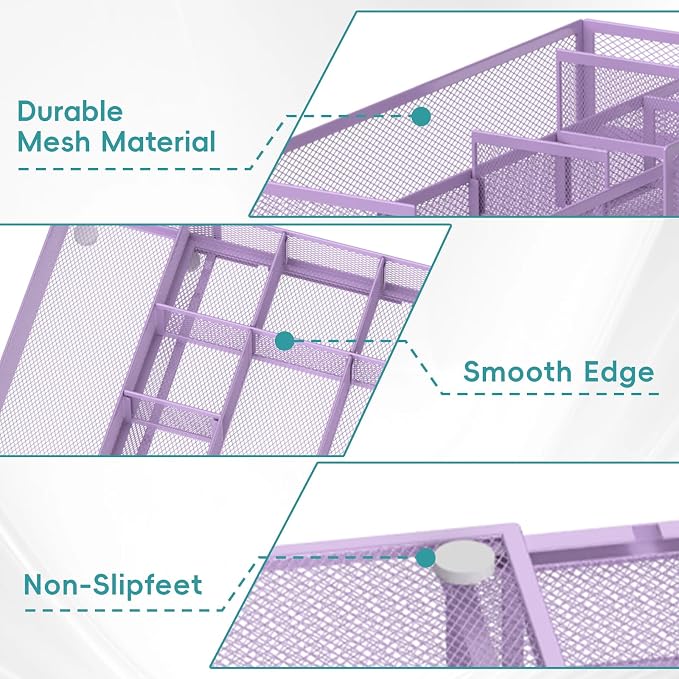 Expandable Desk Drawer Organizer, 10 Adjustable Compartment, Purple | Metal mesh drawer organizer tray with 5 removable dividers, expands from 8.74 to 16 in for office supplies, makeup or tools