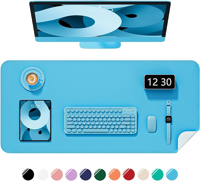 Desk Pad, 35.5" x 17" PU Leather Non-Slip Desk Mat Large Mouse Pad for Desktop, Waterproof Laptop Computer Writing Mat for Office, Home, Work, Gaming, Aqua Blue