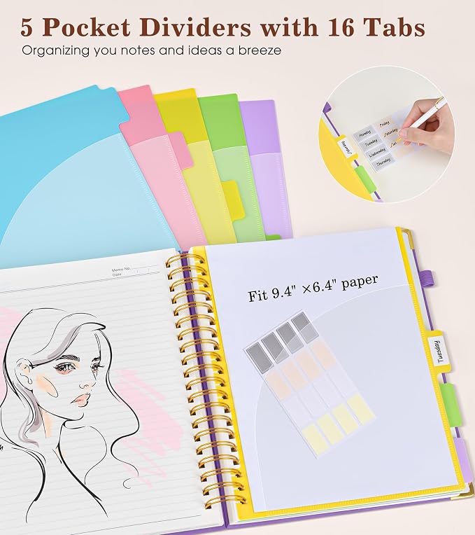 Hardcover Large Spiral Notebook journal with Removable Dividers Tabs, 300 pages Leather 5 Subject Notebook College Ruled, 8" x 10"Journal for Women Men, Notebooks for Work School Note taking,B5 Purple