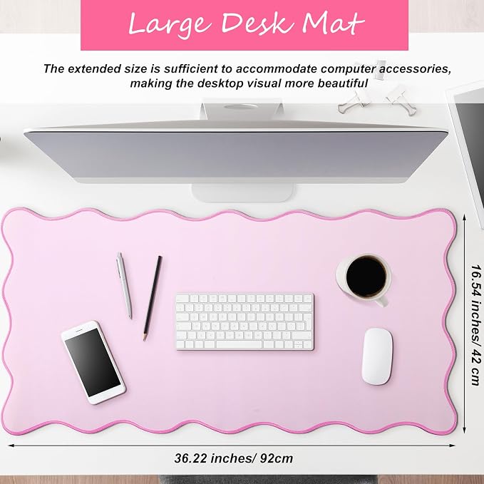 Hahafelt Scalloped Desk Mat Large Desk Pad Cute Coquette Table Mat Back to School Preppy Table Make up Pad Nonslip Graduation Gift with Stitching Waterproof Gaming(Pink,36 x 17 Inches)