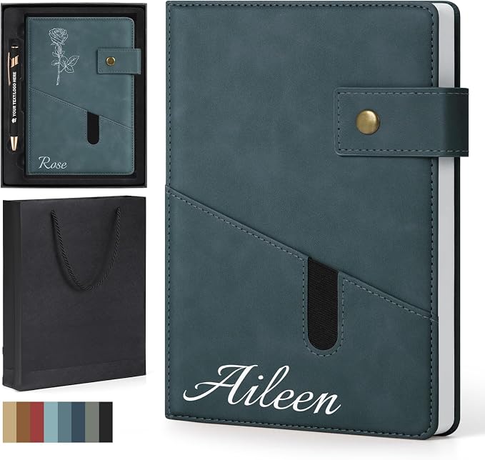ENOMY Personalized Notebook & Pen Set Custom A5 PU Leather Journal Gift Box, Gray blue