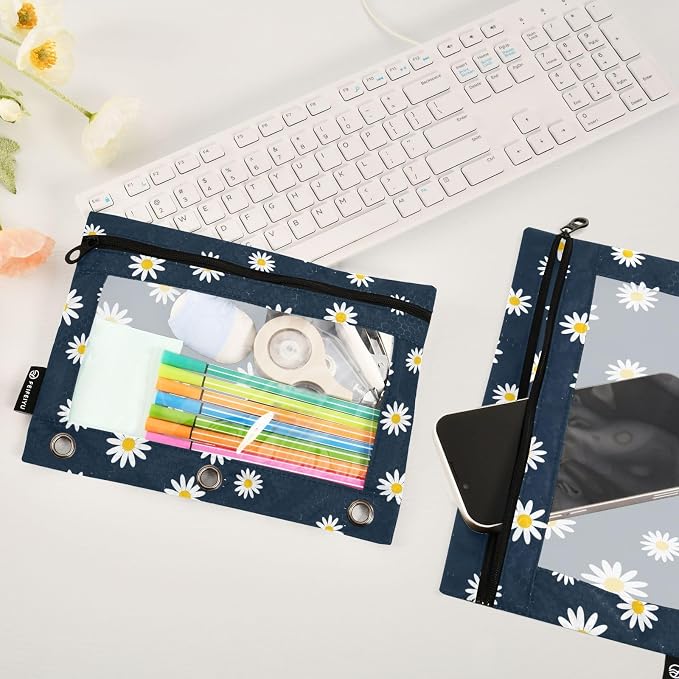 Gredecor Binder Pencil Pouch 3 Ring Navy Blue Flower Daisy Zipper Pencil Pouches Case 2 Pack Clear Binder Organizer for School Office