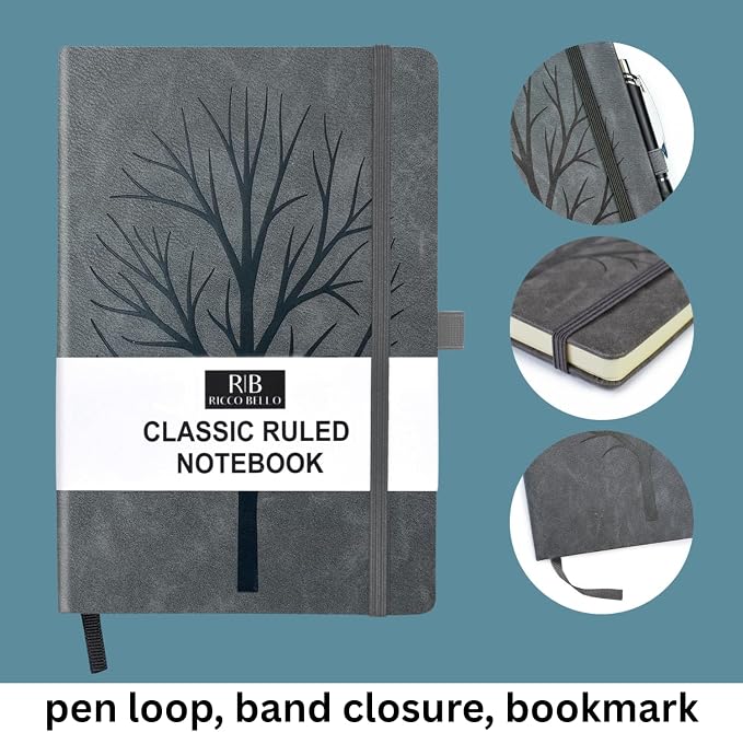 RICCO BELLO Lined Journal Notebook, Granite Tree | Faux Leather Hardcover, College Ruled, 96 Sheets / 192 Pages, 5.7 x 8.4 Inches, Pen Holder