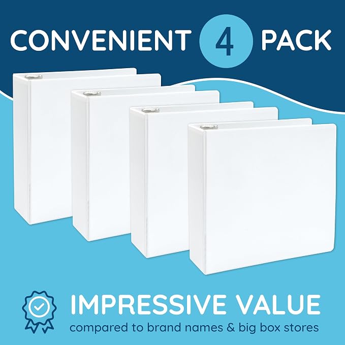 White 3 Ring Binder 3 Inch Heavy Duty Large Binder with Clear View Cover for Office and School, Big Rings Hold up to 625 Sheets of 8.5 x 11 Inch Paper, 4 Pack