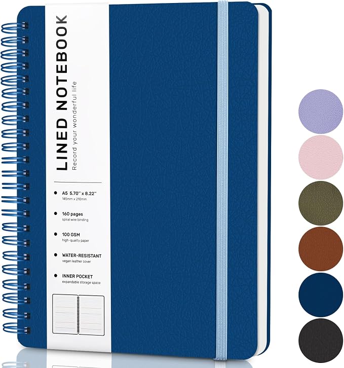 ABERLLS Lined Spiral Journal Notebook with 160 Pages, 8×5.7in, A5 Spiral Notebook, Journaling Notebooks for Work, School, Women, Men, College Ruled Spiral Notebook, Hardcover Leather Journals, Blue