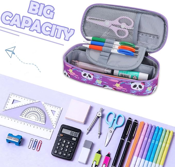 RHCPFOVR Kids Pencil Case for Girls-Soft Zipper Large Capacity Pencil Pouch for Girls Pencil Case for School Pencil Bag for Toddler (Purple-Panda)