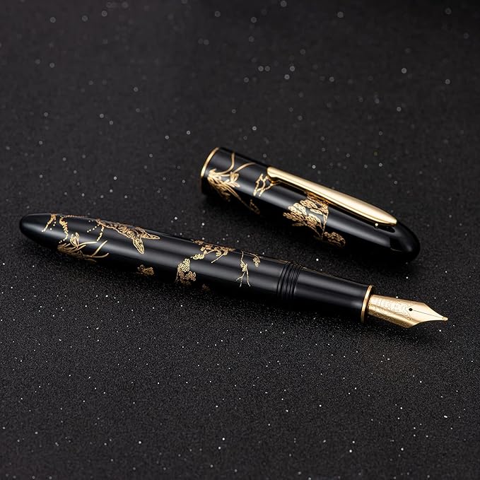 HONG DIAN Hongdian N23 Black Rabbit Fountain Pen, Long Blade Medium Nib Gold Trim, New Year Lucky Rabbit Carving Design, Smooth Writing Pen with Converter and Metal Pen Box Set