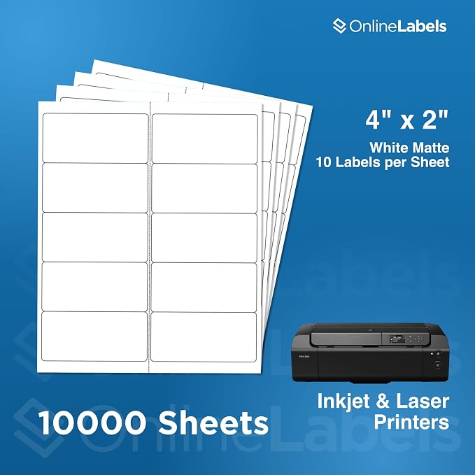 OnlineLabels 4" x 2" Rectangle Mailing Labels - White Matte - 10,000 Sheets | Permanent Adhesive, Blank Rectangle Labels, Inkjet and Laser Compatible, Ideal for Mailing & Address Labels