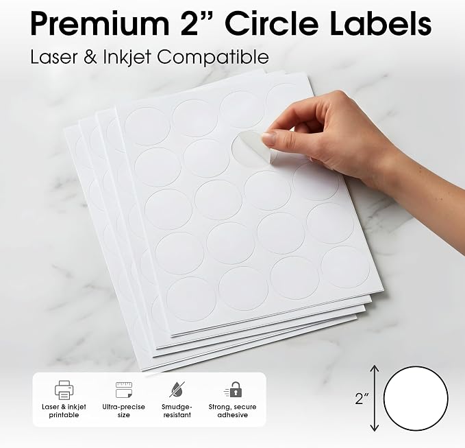 2" Printable Round Labels for Laser and Inkjet Printers - 5000 Blank Labels, 250 Sheets for Thank You Stickers, Price Tags, QR Codes, Business Logos - Spartan Industrial Template C004
