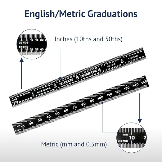 PEC Tools 6"/150mm Flexible Metal Ruler, Stainless Steel Machinist Rule with Black Chrome Finish, High Contrast, English & Metric Graduation (1/32", 1/64", 0.5mm, 1.0mm), Easy to Read, Made in USA