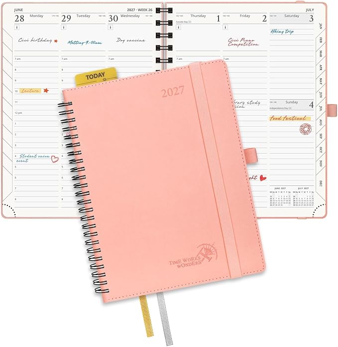 POPRUN 2027 Planner, 6.5'' x 8.5'', Weekly and Monthly Daily Calendar Book | 2027 Agenda(Jan - Dec) Appointment Book with Hourly Time Slots, Monthly Tabs, 100GSM, Spiral Leather Cover - Pink