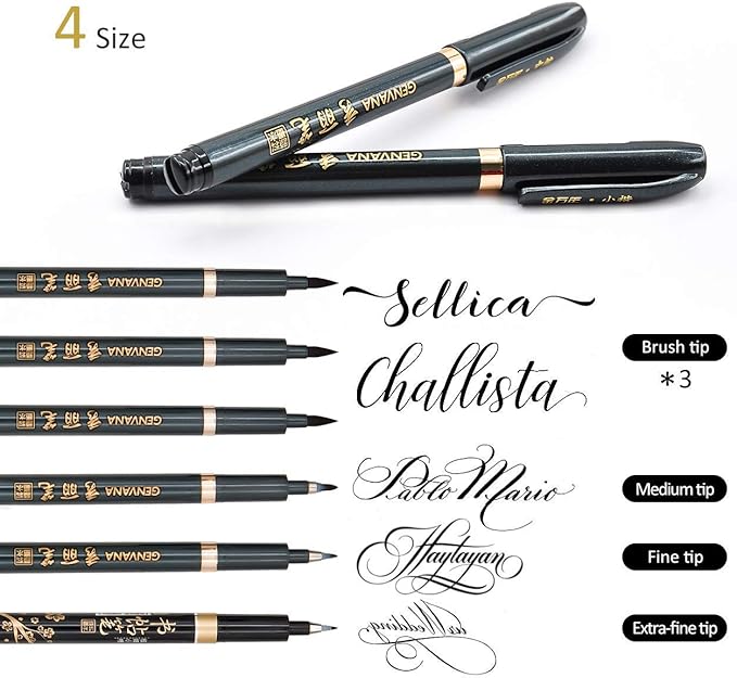 Hand Lettering Calligraphy Pens Brush Marker 4 Size Refillable 6pc | Writing, Painting, Drawing, Pack of 6 Black