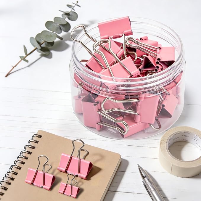 Binder Clips Assorted Sizes, Morandi Colors, Durable Metal Binder Clips for Office, Cute Desk Supplies for Teachers Student (Pink - 1 Box)