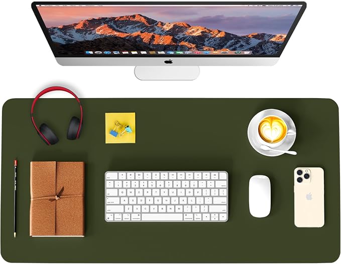 Leather Desk Pad Protector, Waterproof Mouse Pad, PU Desk Mat, Office Desk Cover, Desk Writing Mat for Office/Home/Work/Cubicle (Olive Green) 23.6x13.7 in