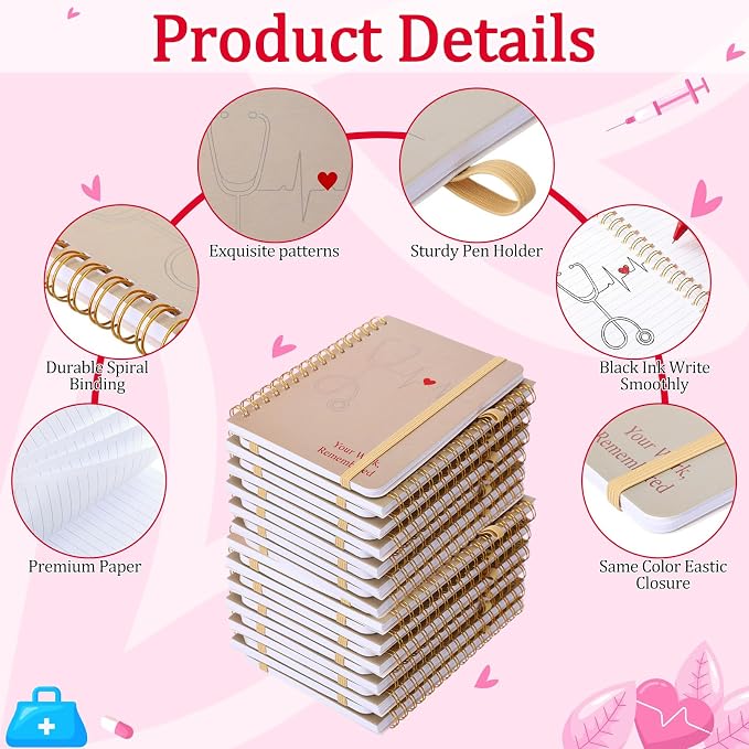 Fulmoon 24 Set Nurse A6 Spiral Notebook with Ballpoint Pens 50 Sheets, 4"x 6" Small College Ruled Notepads Journaling Notebooks Bulk Nurse Graduation Gifts for Women