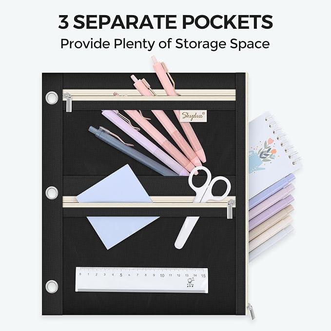 SKYDUE Pencil Pouch for 3 Ring Binder, 3 Compartment Zipper Pencil Case, Large Capacity Pen Organizer with Clear PVC Window for School Supplies, Students, Kids & Teachers