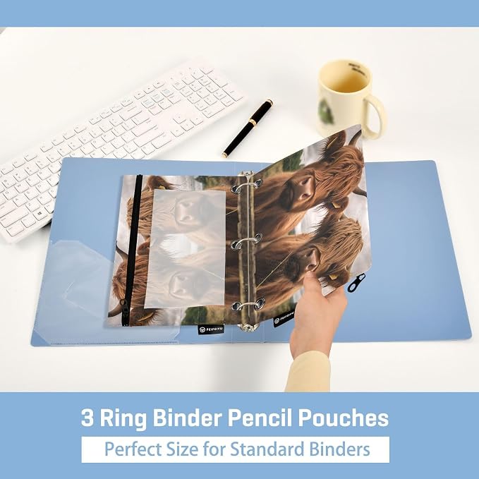 Funny Scottish Highland Cattle Cows Pencil Pouch Fits standard 3-ring binders, Zipper Binder Pencil Bag with Clear Window for Class Office 2 Pack