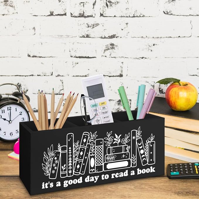 Black Wooden Pen Pencil Bookmark Holder Decor for Desk, Book Club Gifts It's a Good Day to Read a Book Wood Makeup Brush Toothbrush Holder Organizer for Reading Corner Bedroom