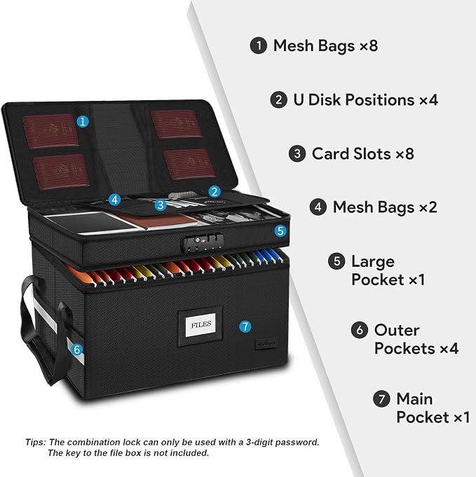 Large Fireproof Document Box with Lock, 2 Layer File Storage Organizer Box | Portable Office Collapsible File Storage with Reflective Strip & Handle for Hanging Letters, Legal Size Folder, Certificate