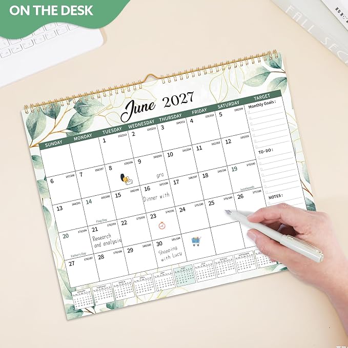 2026-2027 Wall Calendar, 14.5" x 11.8" 18 Month Green Leaves | July 2026-December 2027 120Gsm FSC-Certified Paper Monthly Calendar, Twin-Wire Binding, Ruled Blocks, Holiday Reference
