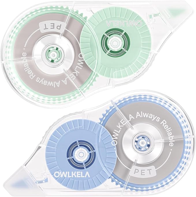 OWLKELA 2 Pack Plus Correction Tape, Tear-Resistant White Correction Tape, No Dry Time, Easy to Use, Office & School Supplies, 0.2 in Wide, 98.4 Ft, Blue Core, Green Core