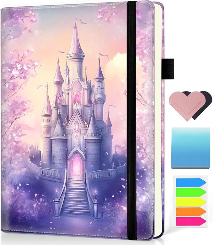 Hardcover Executive Notebooks, A5 PU Leather Lined Journal Notebook, 200 Pages Thick Paper Subject Notebooks for School,Work,Home Writing Business Notebook, Diary Book ，Pink Castle