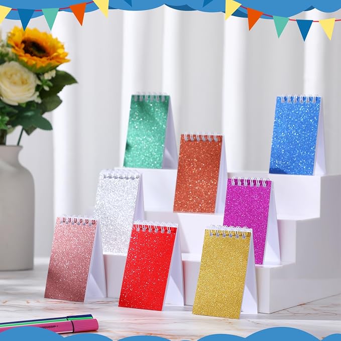 Seajan 24 Pcs Glitter Mini Spiral Notepads for Kids Party Favors Small Prism Notebooks 3.9 x 2.4 Inch Colorful Flash Memo Pads for Girls and Boys Birthday Gift Classroom Rewards 20 Pages Each