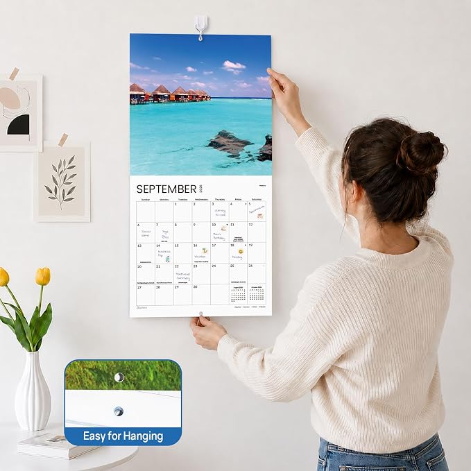 SUNEE Calendar 2026-2027 for Wall, 2027 Large Wall calendar 12x12 Inches with 16 Months from September 2026 to December 2027, Thick Glossy Paper, 12" x 24" (Open), Beaches