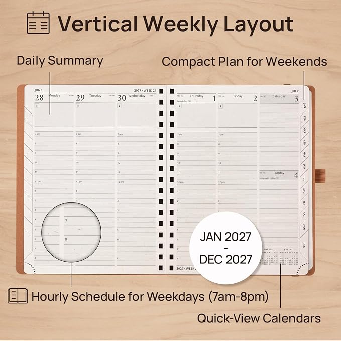 POPRUN 2027 Planner, 6.5''x8.5'' Recycled Paper Weekly and Monthly Calendar | Daily Calendar Book with Italian Regenrated Leather, Appointment Book with Hourly Time Slots, Pen Holder - Desert Brown