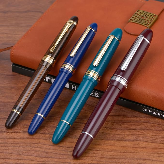 Yongsheng Junlai 930 Acrylic Fountain Pen, Size 9 Broad Nib with Piston Filling System, Wine Red Fence Ink Tank with Torpedo Shape Design Large Hand Pen (Silver Trim)