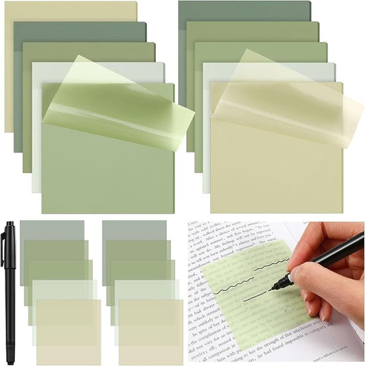 Marspark 500 Sheets Transparent Sticky Notes with Marker, 3x3 Inch See Through Sticky Notes, Self-Adhesive Translucent Clear Note Pads for Bible Journaling Memo Office School Supplies(Sage Green)
