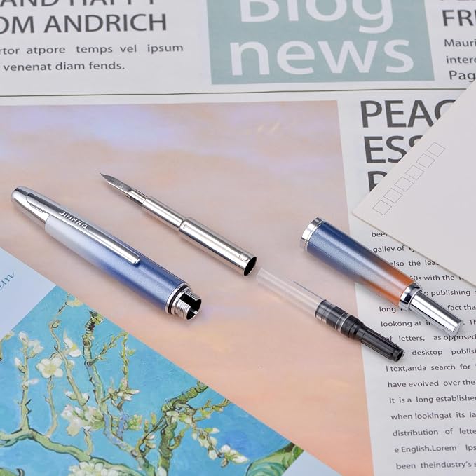 Jinhao 10 Press Fountain Pen with Box, Gradient Dark Blue Retractable Fine Nib with Ink Converter Set (Silver Clip)