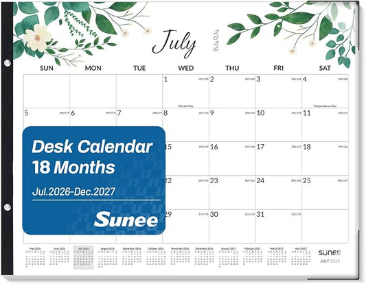 SUNEE Desk Calendar 2026 Large 22x17 from July 2026 to December 2027, Extra Large Desktop Monthly Calendar Pad 18 Months For Teacher or Office, Desk Top, Greenery