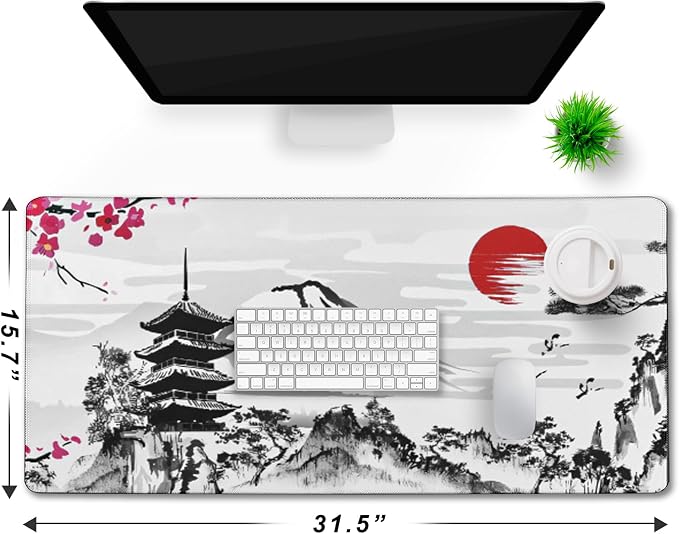 Japanese Landscape Large Mouse Pad, Large Extended Mouse Pad for Home Office Gaming Work 31.5x15.7inch, Big Computer Mousepad Waterproof Non-Slip Rubber Mice Pads Stitched Edges