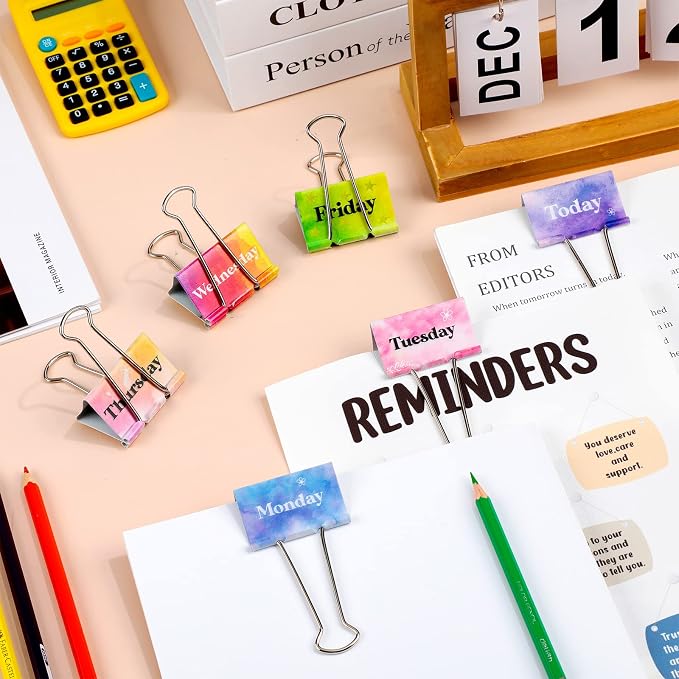 Tenare 6 Pack 2 Inch Teacher Binder Clips, Classroom Paper Organizer | Includes Monday, Tuesday, Friday ,Wednesday, Thursday and Today for Classroom Management Paper Sorting-School Office Supplies