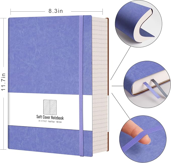 AHGXG College Ruled Notebook, 320 Pages, Large Journal A4 (8.5''×11') | Thick Lined Notebook for Note Taking, 100GSM Paper, Leather Softcover, for Women Men (Purple)